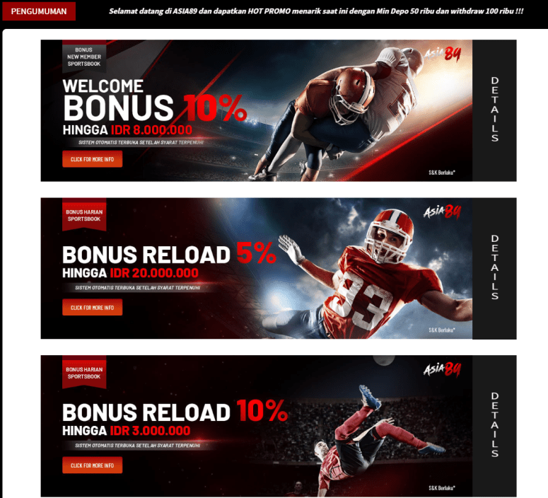 Ayo daftarkan diri kalian di asia89.net bagi kalian yang ingin mencari uang tambahan dengan bermain game judi slot online. Asia89 adalah pilihan yang tepat karena kami akan memberikan kenyamanan dan keamanan untuk kalian yang bermain ditempat kami. Banyak promo yang bisa kalian dapatkan dengan bermain disana. Ayo cek langsung dengan kunjungi website asia.net sekarang